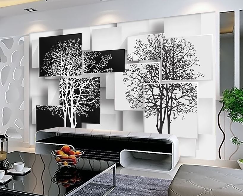 Black White Tree with Abstract Cube Wallpaper Mural