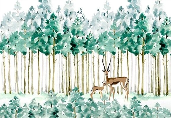 Watercolor Green Forest with Elk Wallpaper Mural