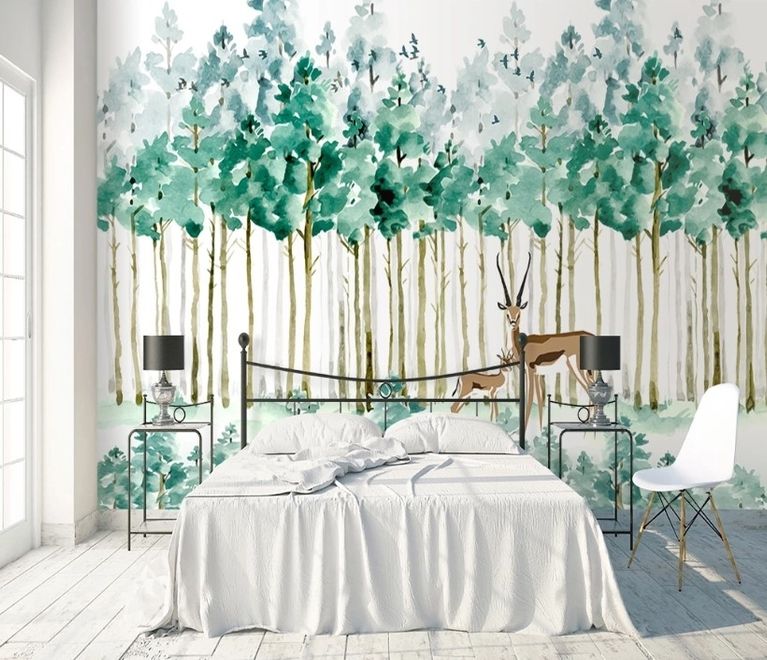 Watercolor Green Forest with Elk Wallpaper Mural