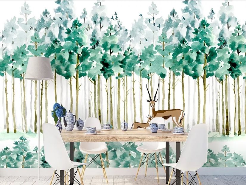 Watercolor Green Forest with Elk Wallpaper Mural