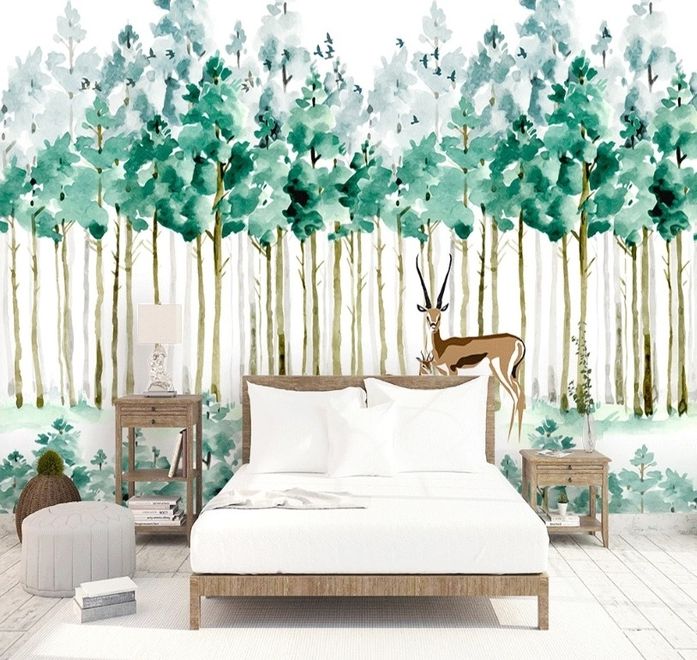Watercolor Green Forest with Elk Wallpaper Mural
