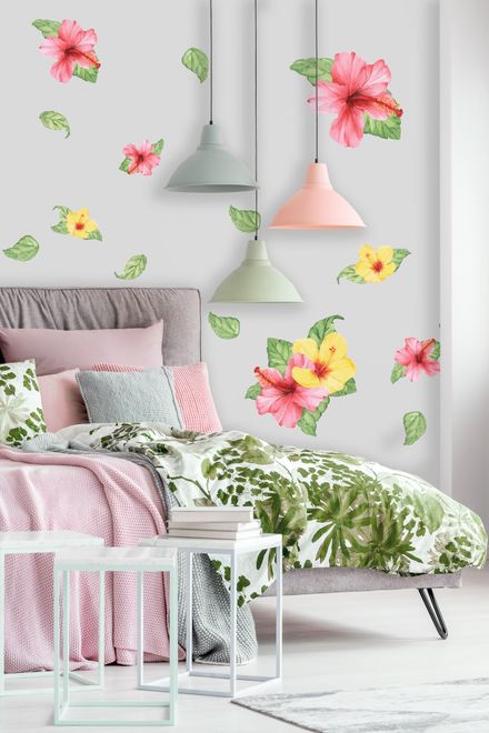 Pink Yellow Mirabilis Floral and Tropical Green Leaf Wall Decal Sticker