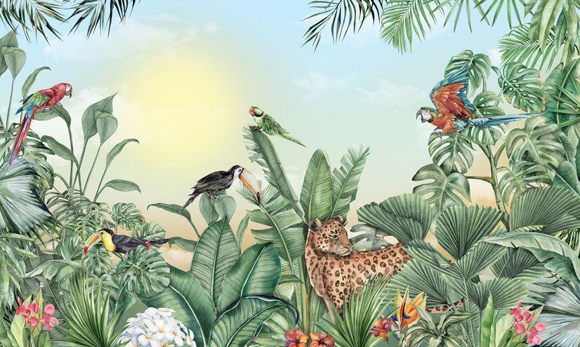 Leopard and Colorful Parrot in the Tropical Forest Wallpaper Mural