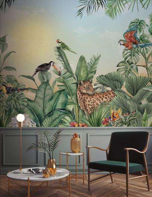 Leopard and Colorful Parrot in the Tropical Forest Wallpaper Mural