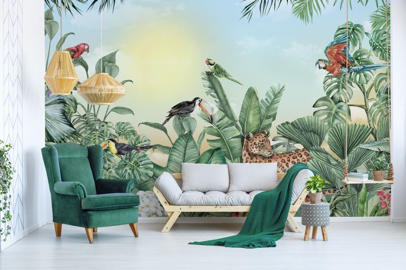 Leopard and Colorful Parrot in the Tropical Forest Wallpaper Mural