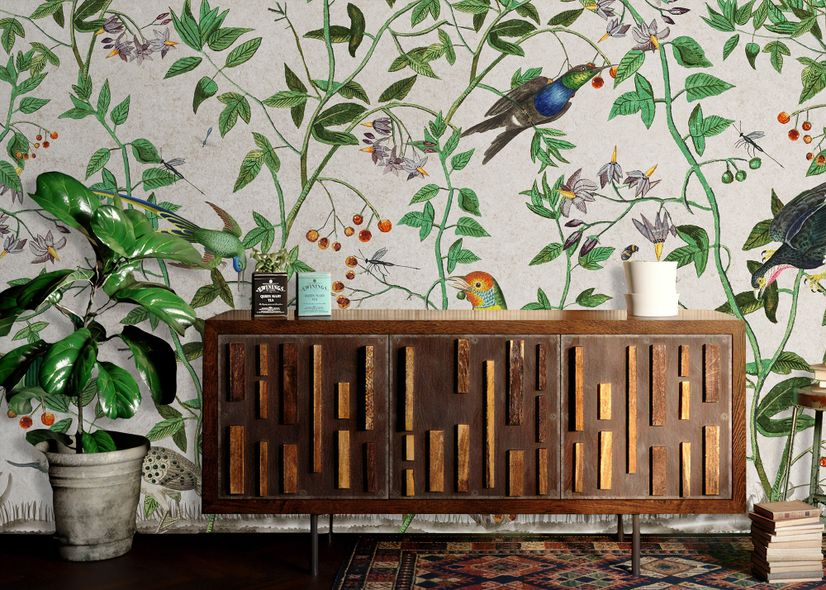 Tropical Green Leaves with Stork and Duck Wallpaper Mural