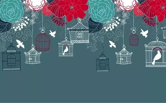 Cage Birds and Colorful Flowers Wallpaper Mural