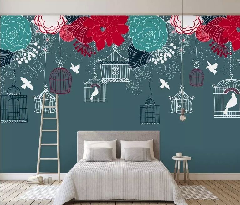 Cage Birds and Colorful Flowers Wallpaper Mural