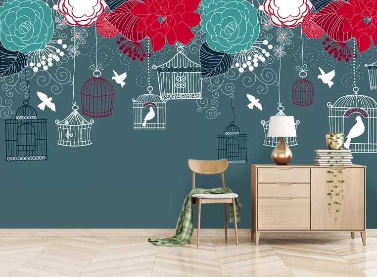 Cage Birds and Colorful Flowers Wallpaper Mural