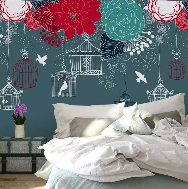 Cage Birds and Colorful Flowers Wallpaper Mural
