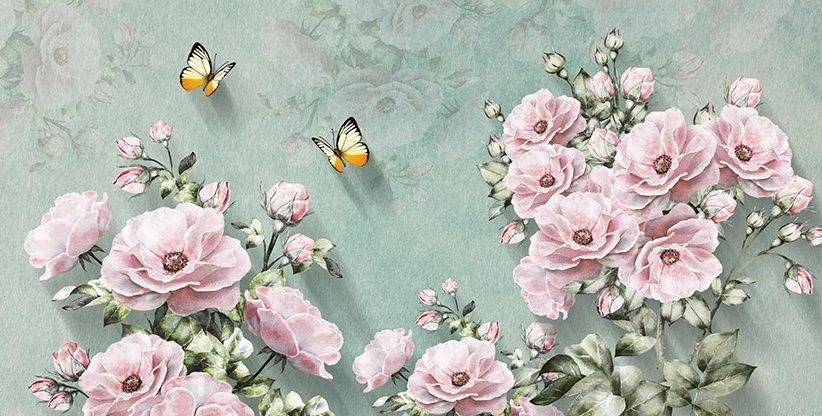 Vintage Pink Floral and Yellow Butterfly Wallpaper Mural