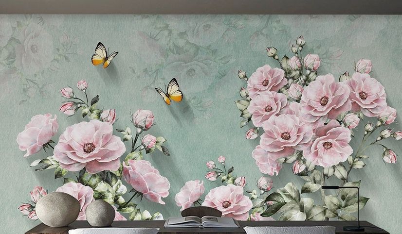 Vintage Pink Floral and Yellow Butterfly Wallpaper Mural