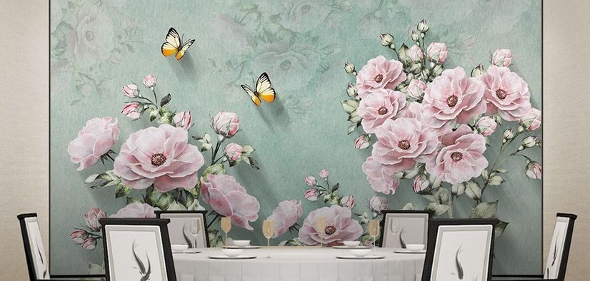 Vintage Pink Floral and Yellow Butterfly Wallpaper Mural