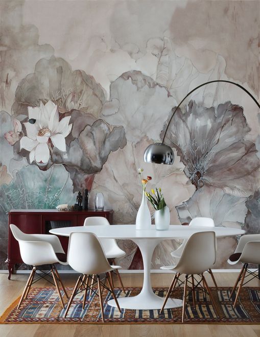 Vintage Floral with Retro Lotus Leaf Wallpaper Mural