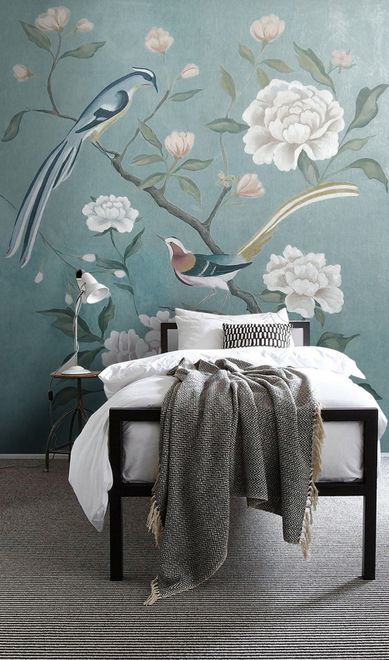 Vintage Peony Floral and Swallow Wallpaper Mural