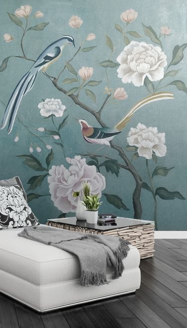 Vintage Peony Floral and Swallow Wallpaper Mural