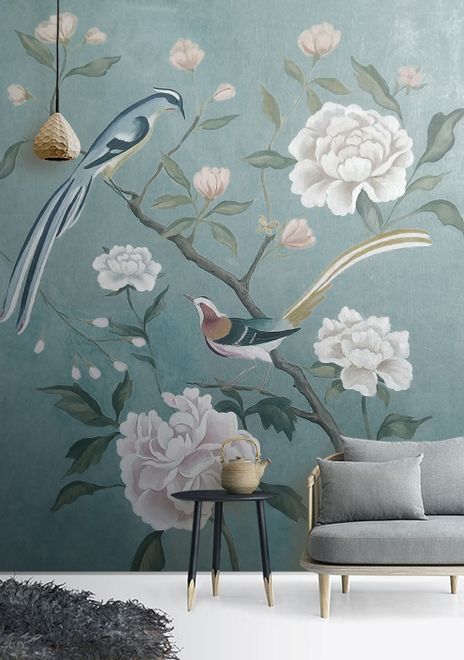 Vintage Peony Floral and Swallow Wallpaper Mural
