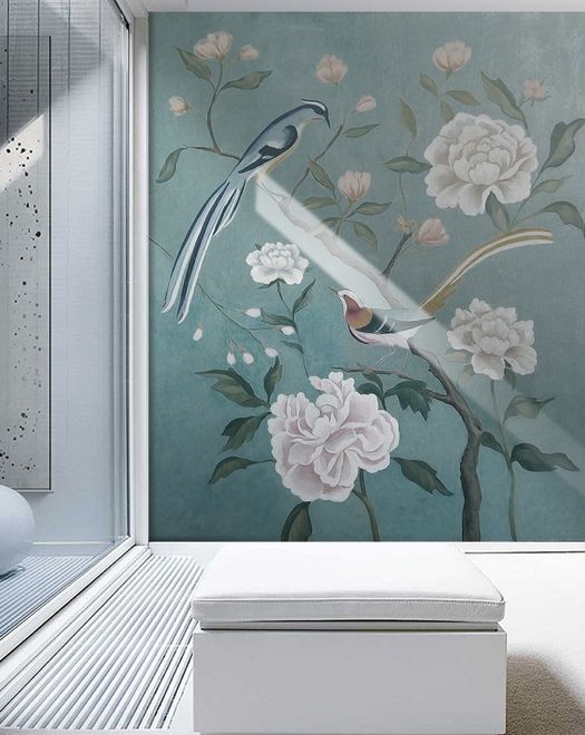 Vintage Peony Floral and Swallow Wallpaper Mural