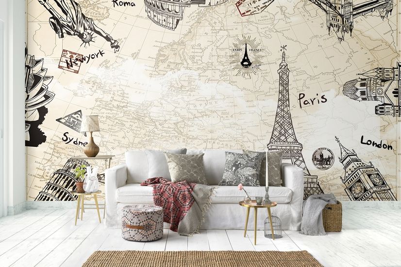 Vintage Map with Eiffel Tower Statue of Liberty Wallpaper Mural