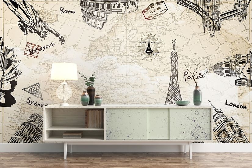 Vintage Map with Eiffel Tower Statue of Liberty Wallpaper Mural