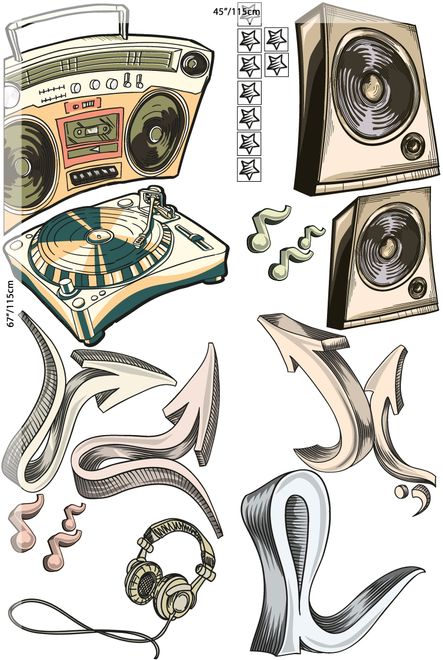 Vintage Music Old Radio and Headphone Wall Decal Sticker