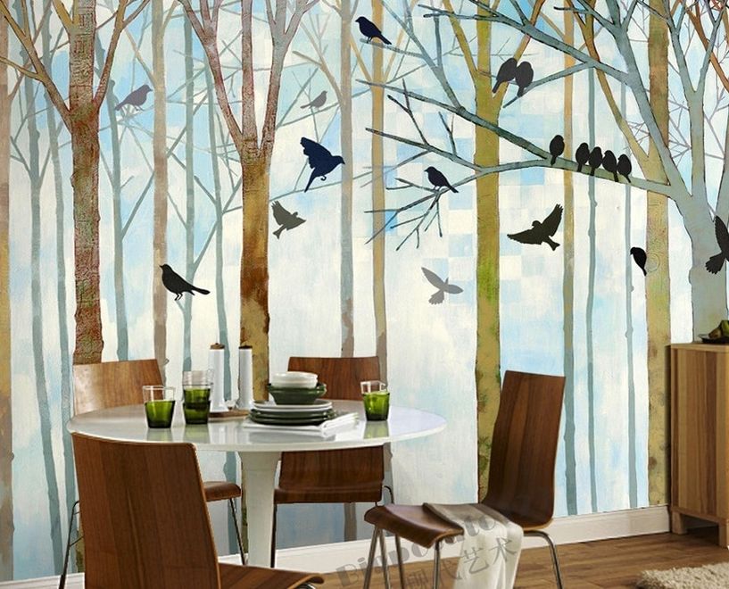 Vintage Abstract Forest and Black Bird Wallpaper Mural