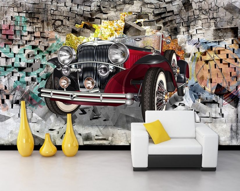 Vintage Car with Graffiti Brick Wallpaper Mural