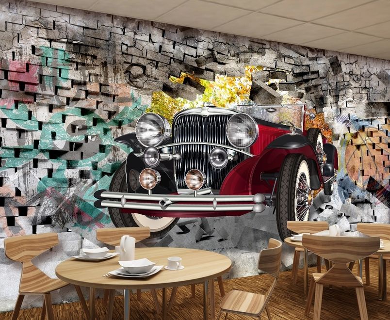 Vintage Car with Graffiti Brick Wallpaper Mural
