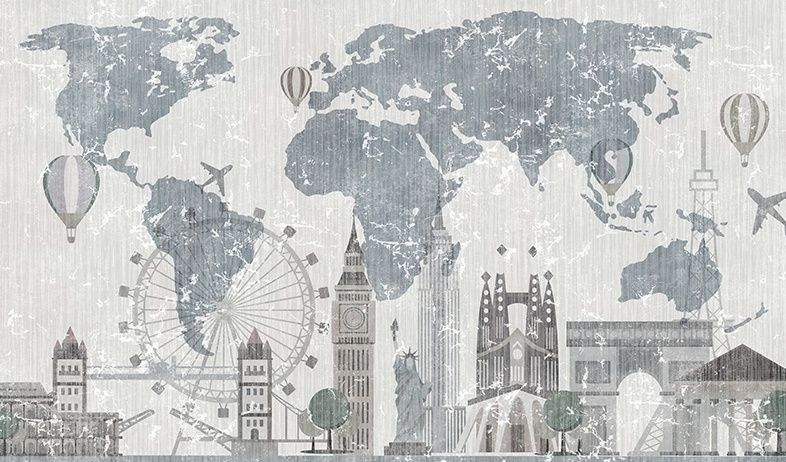 Vintage World Map with Old Hot Air Balloon Wallpaper Mural
