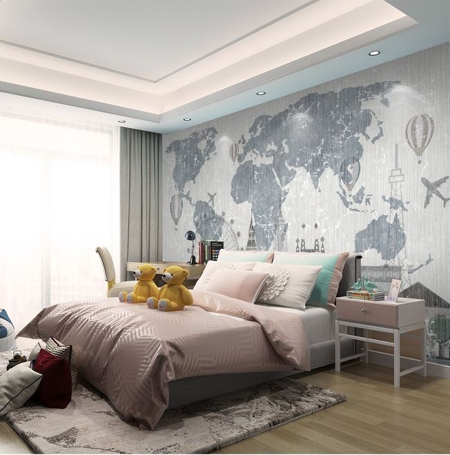 Vintage World Map with Old Hot Air Balloon Wallpaper Mural