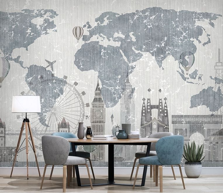 Vintage World Map with Old Hot Air Balloon Wallpaper Mural