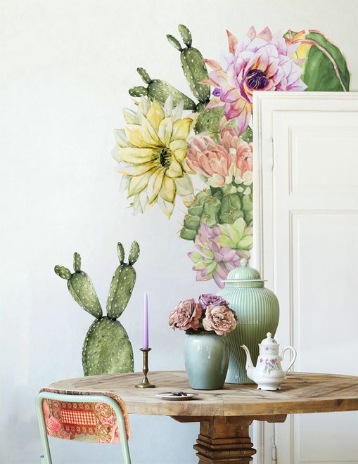 Watercolor Pink Yellow Cactus Florals Wall Decal Sticker