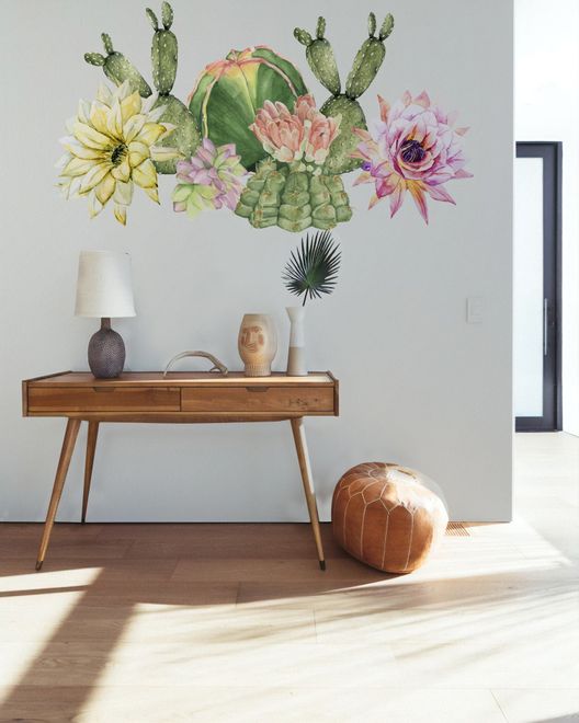 Watercolor Pink Yellow Cactus Florals Wall Decal Sticker