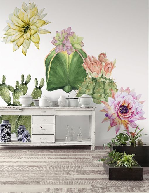 Watercolor Pink Yellow Cactus Florals Wall Decal Sticker