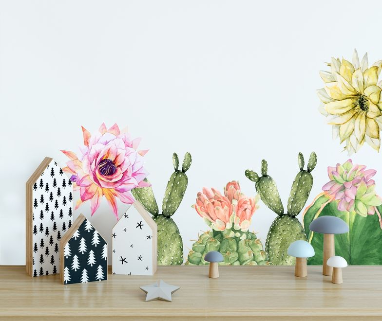 Watercolor Pink Yellow Cactus Florals Wall Decal Sticker