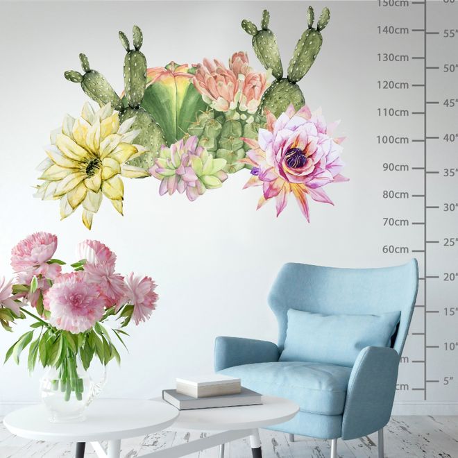 Watercolor Pink Yellow Cactus Florals Wall Decal Sticker