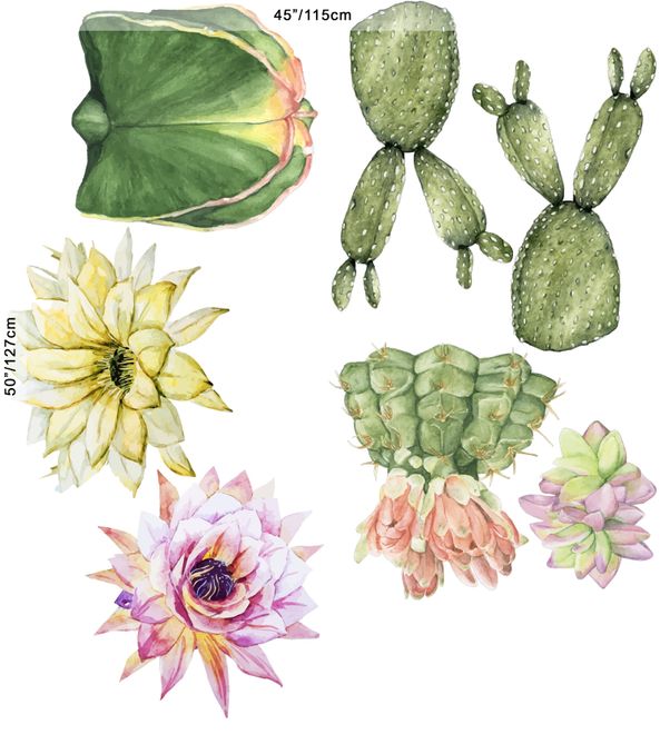 Watercolor Pink Yellow Cactus Florals Wall Decal Sticker