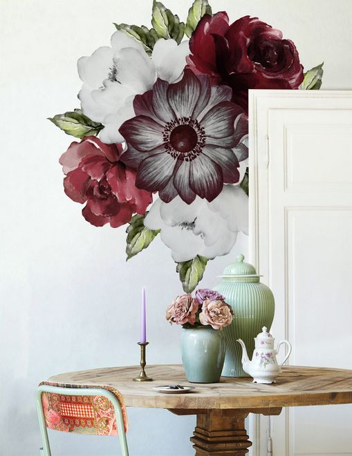 Watercolor Red Rose and Anemone Floral Bouqets Wall Decal Sticker