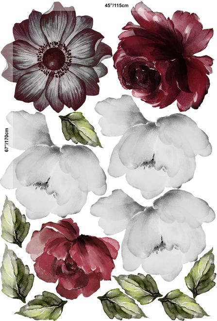 Watercolor Red Rose and Anemone Floral Bouqets Wall Decal Sticker