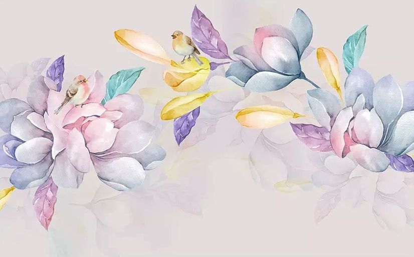 Colorful Magnolia Flowers and Birds Wallpaper Mural