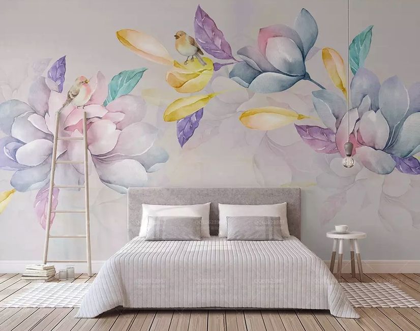 Colorful Magnolia Flowers and Birds Wallpaper Mural
