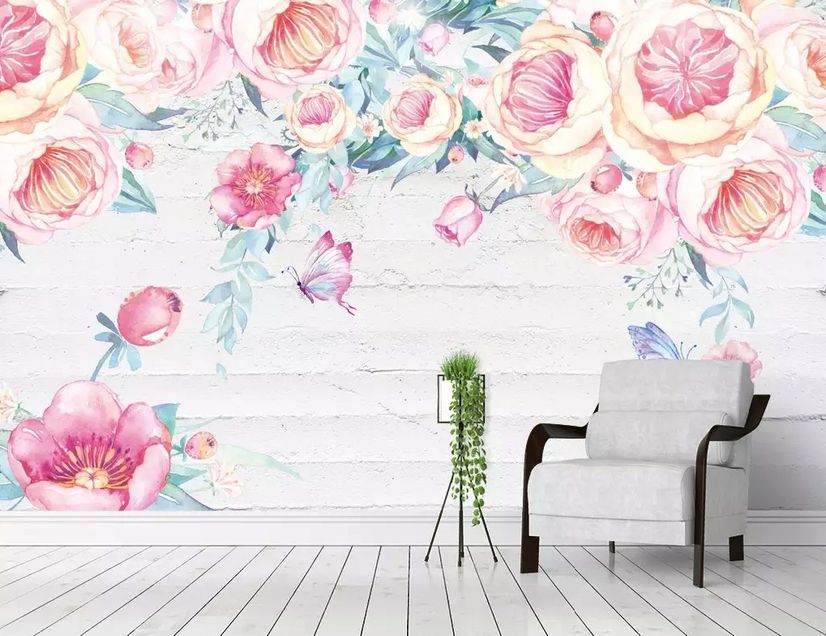 Vintage Watercolor Pink Flowers Wallpaper Mural