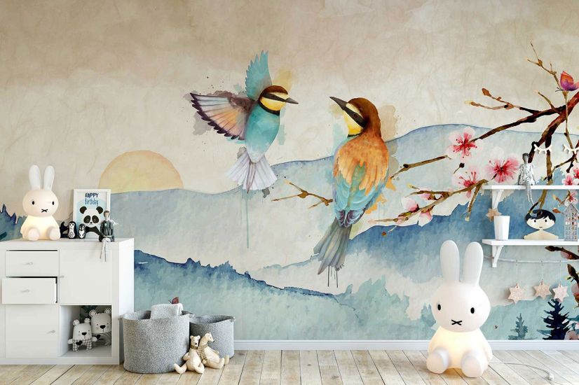 Watercolor Winter Landscape and Colorful Bird Wallpaper Mural
