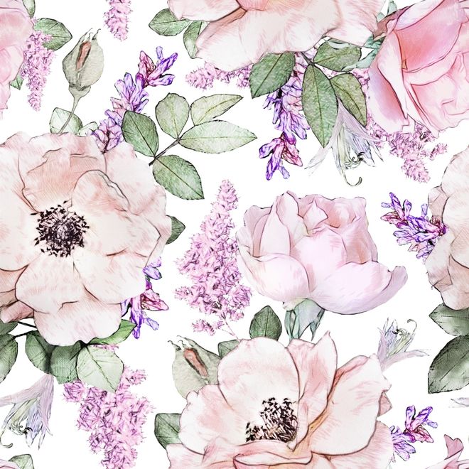 Watercolor Pink Floral Pattern with Wisteria Wallpaper Mural