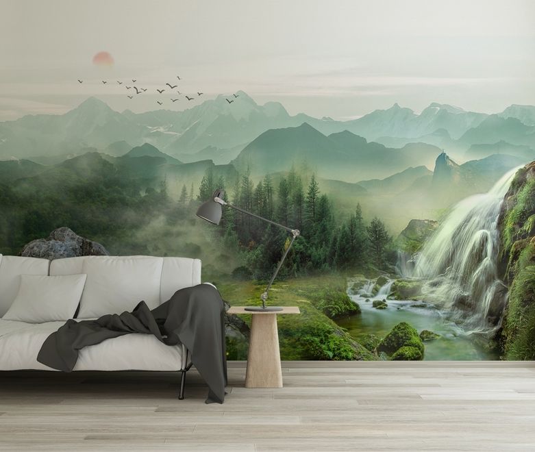 Waterfall with Misty Green Forest Landscape Wallpaper Mural • Wallmur®