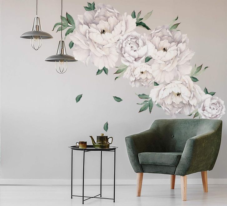 White Peony Floral with Green Leaves Wall Decal Sticker