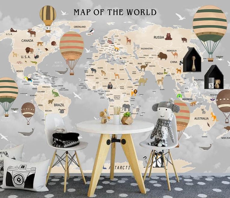 Kids World Map with Vintage Hot Air Balloon Wallpaper Mural