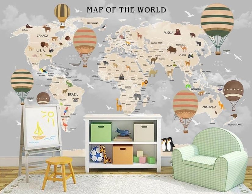 Kids World Map with Vintage Hot Air Balloon Wallpaper Mural