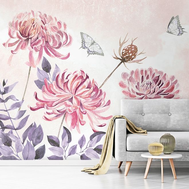 Retro Watercolor Pink Dandelion Flower Art Wallpaper Mural