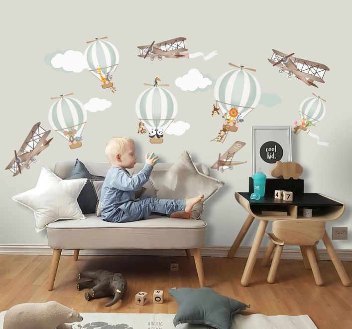 Kids Green Hot Air Balloon and Brown Aircraft with Clouds Wall Decal Sticker